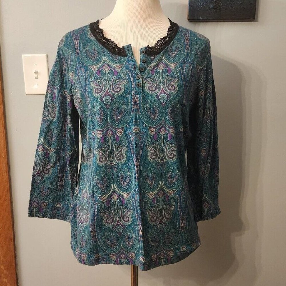 JONES NEW YORK SIGNATURE ¾ Sleeve Lace Neck Multicolor Cotton Spandex Blouse XL
